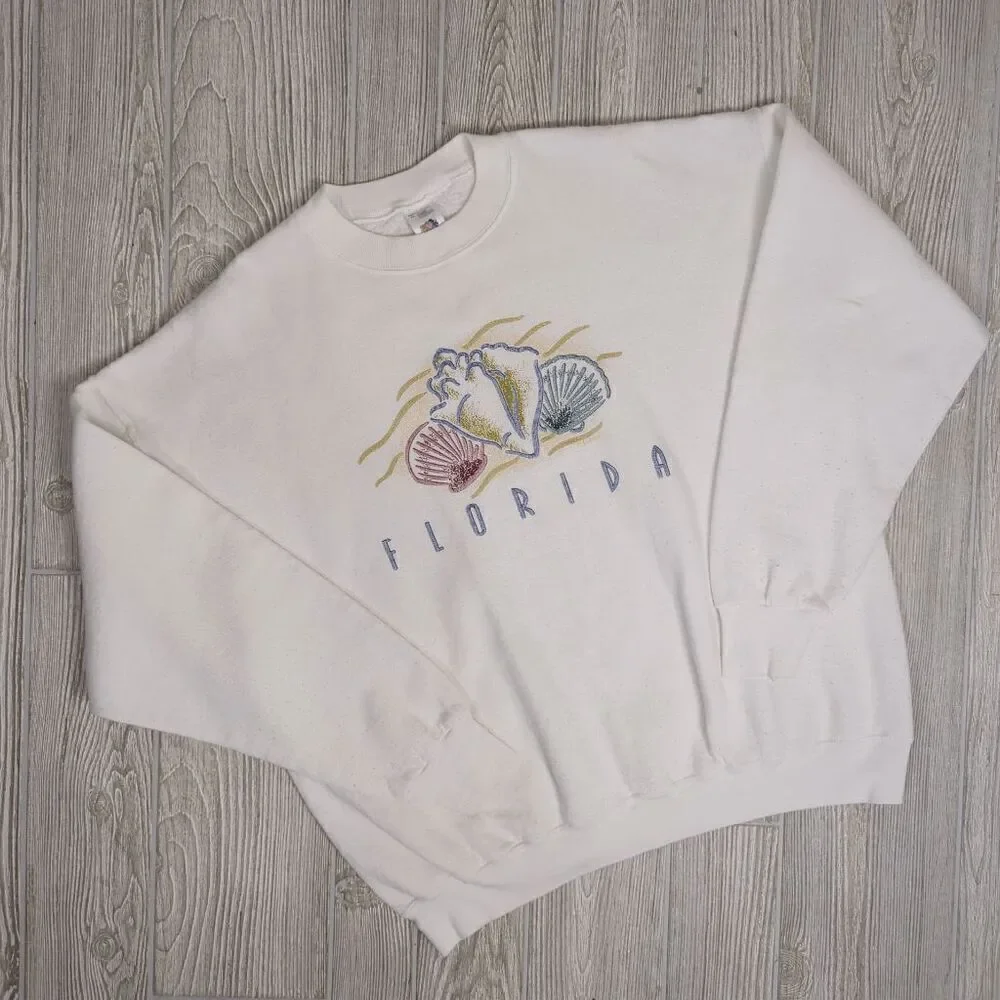 Vintage 90s Fruit of the Loom Adult XL Florida Seashells Beach Pullover Sweater